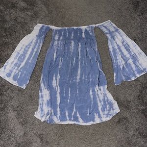 Small. Off the shoulder blue & white tie dye dress